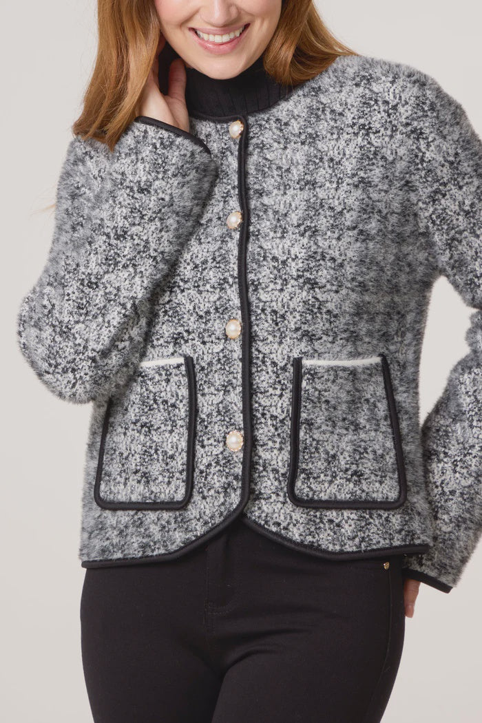 Boucle Knit Pearl Button Cardigan - Grey