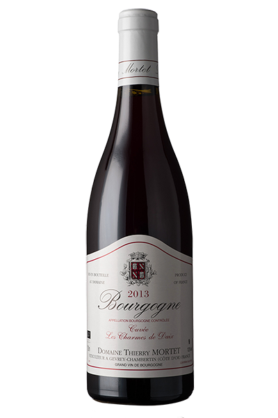 Bottle of Domaine Thierry Mortet Bourgogne wine on a white background