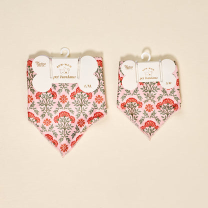Two Bow-Wow Pet Bandana-Everbloom Dusty Rose by The Darling Effect are shown in pink, red, and gray floral patterns. Available in S/M and L/XL sizes, each comes on a hanger with packaging—perfect for stylish dogs.