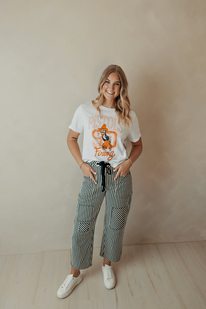 Braid Drawstring Waist Black Stripe Barrel Pants