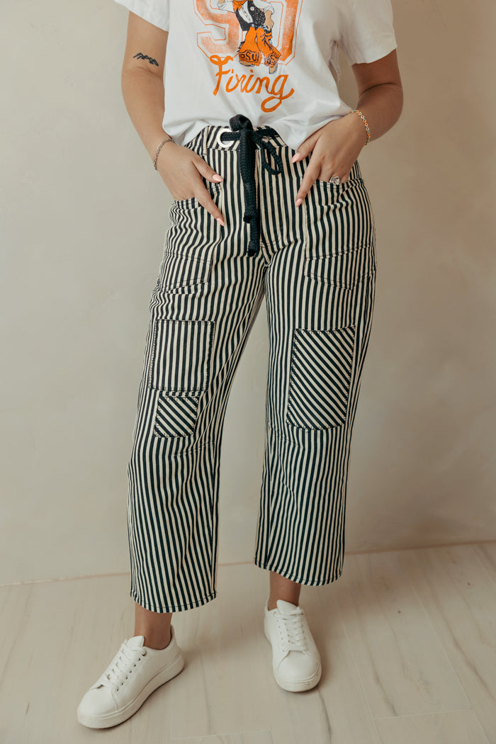 Braid Drawstring Waist Black Stripe Barrel Pants