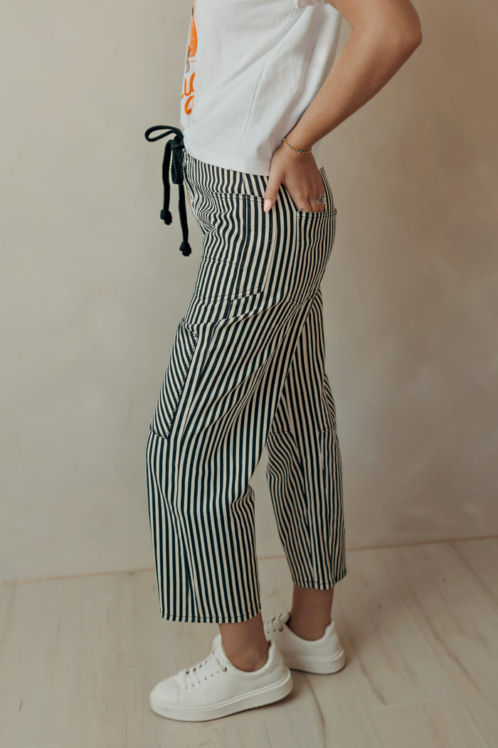 Braid Drawstring Waist Black Stripe Barrel Pants