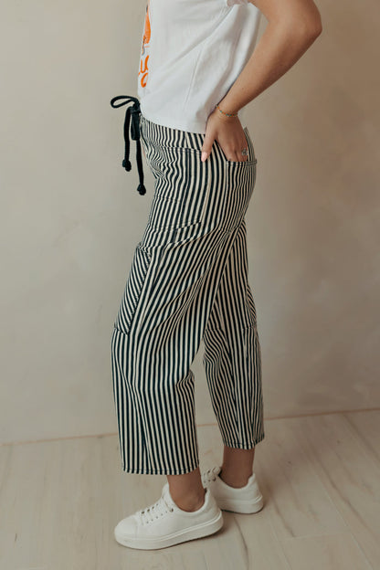 Braid Drawstring Waist Black Stripe Barrel Pants