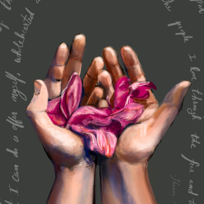 Artistic depiction of two hands holding a pink flower against a dark background with text.