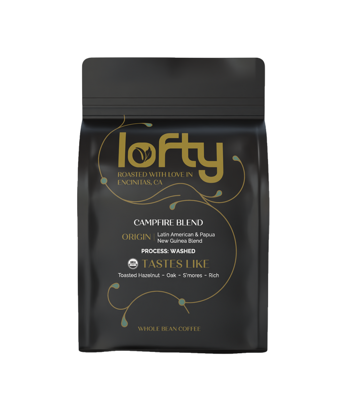 Front view of Lofty Coffee Campfire Blend bag