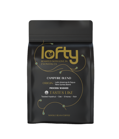 Front view of Lofty Coffee Campfire Blend bag