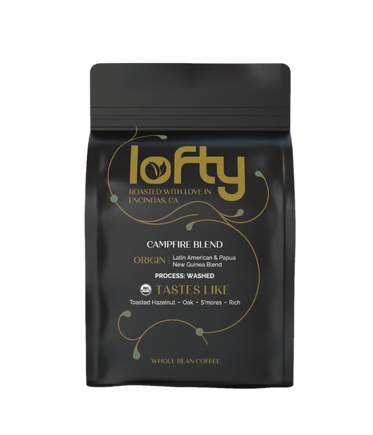 Front view of Lofty Coffee Campfire Blend bag