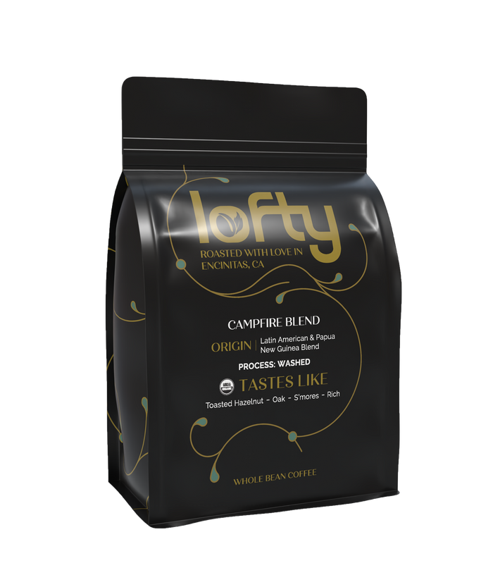 Side view of Lofty Coffee Campfire Blend bag