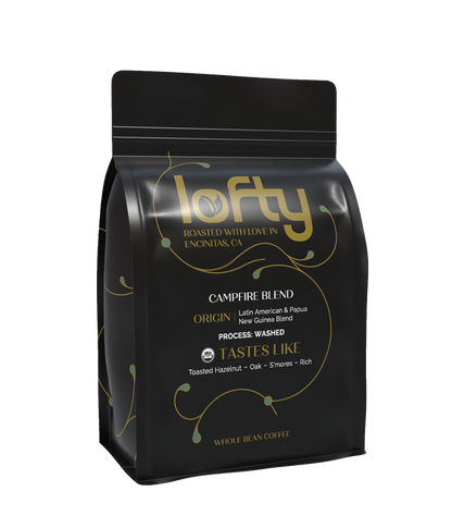 Side view of Lofty Coffee Campfire Blend bag