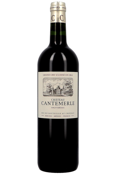 Bottle of Chateau Cantemerle wine on a white background