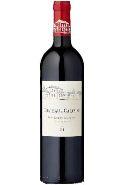 Red wine bottle with a visible label on a white background