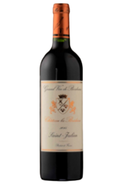 Red wine bottle with a visible label on a white background