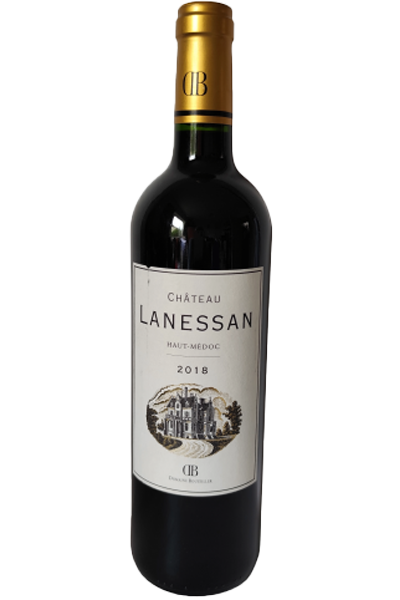 Wine bottle with 'Chateau Lanessan' label on a white background