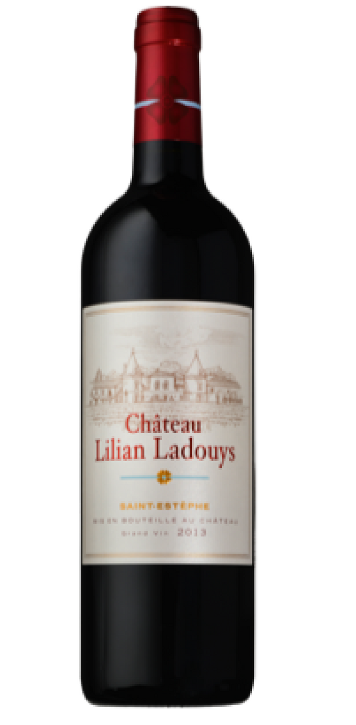 Red wine bottle with 'Chateau Lilhan Ladouys' label on a white background