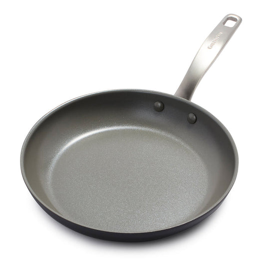 The Chatham Ceramic Nonstick 10" Frypan features a gray nonstick interior and a sleek stainless steel handle, shown from above on a white background.