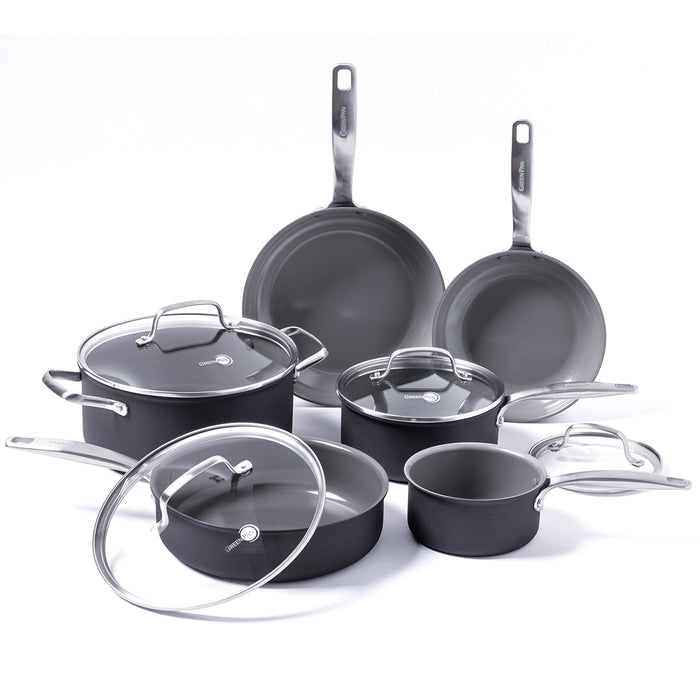 10-piece gray ceramic cookware set with glass lids, including assorted pots, pans, and saucepans on a white background.