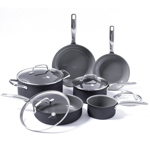 10-piece gray ceramic cookware set with glass lids, including assorted pots, pans, and saucepans on a white background.