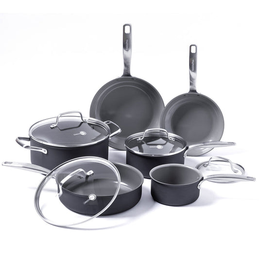 10-piece gray ceramic cookware set with glass lids, including assorted pots, pans, and saucepans on a white background.