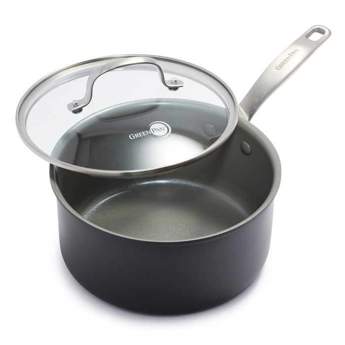 GreenPan 3-quart ceramic saucepan with glass lid and metal handle, silver finish, GreenPan logo visible.