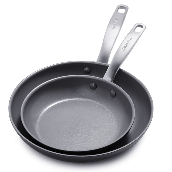 Two ceramic nonstick frypans, 8-inch and 10-inch, with metal handles, stacked on a white background.