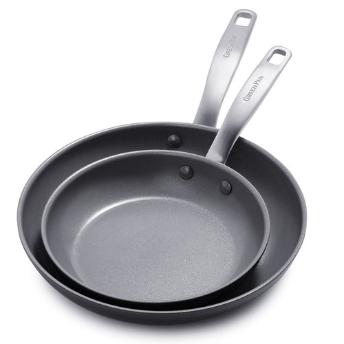 Two ceramic nonstick frypans, 8-inch and 10-inch, with metal handles, stacked on a white background.