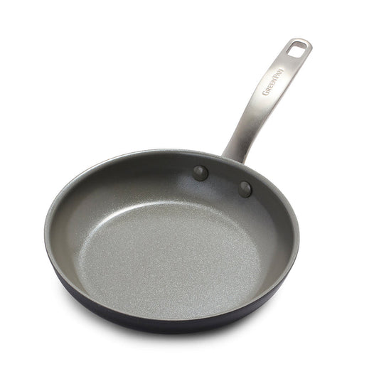 Gray hard anodized 8-inch ceramic frypan with metal handle, viewed from above on a white background.