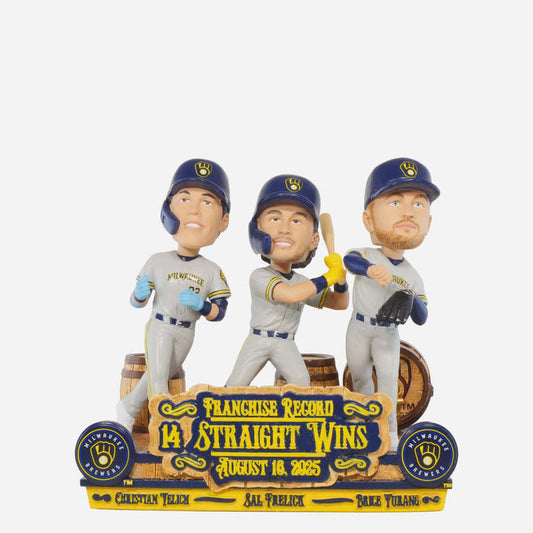 Christian Yelich, Sal Frelick & Brice Turang Milwaukee Brewers Franchise Record 14 Consecutive Wins Mini Bobble Scene MLB Baseball Bobblehead