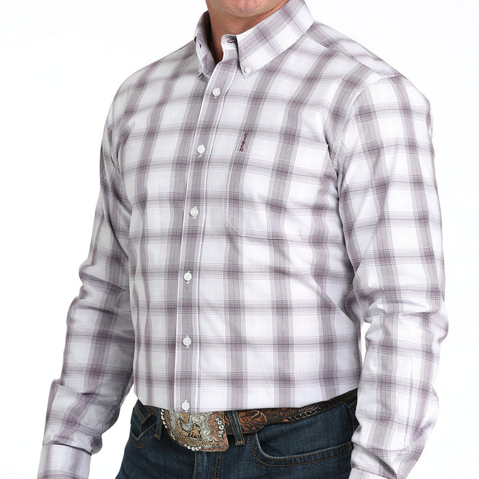 Cinch Men's L/S Modern Fit Plaid Western Button Down Shirt in White and Purple