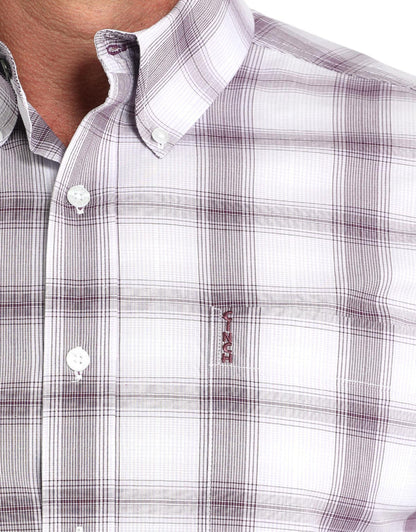 Cinch Men's L/S Modern Fit Plaid Western Button Down Shirt in White and Purple
