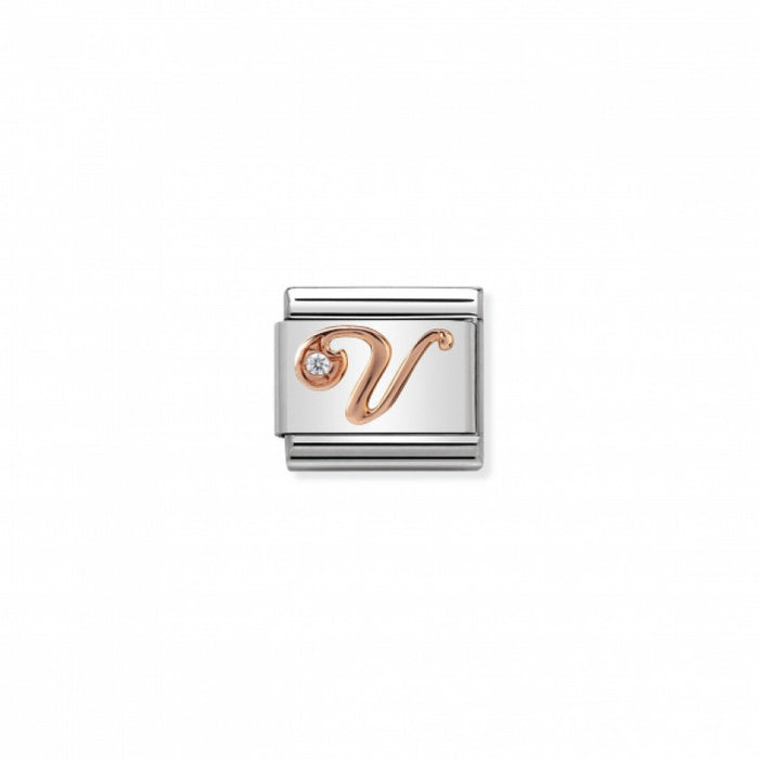 Classic Link 9K Rose Gold and Cubic Zirconia Letter V Charm