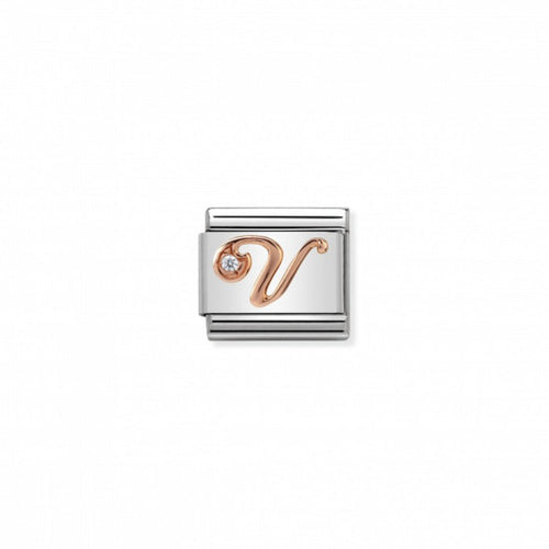 Classic Link 9K Rose Gold and Cubic Zirconia Letter V Charm