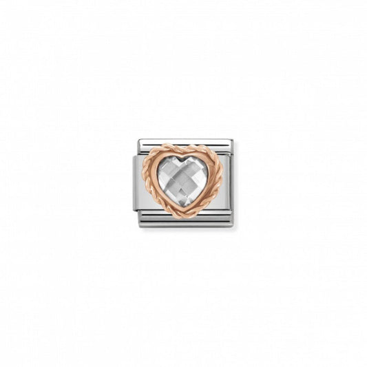 Classic Link 9k Rose Gold Twisted Setting Faceted Cubic Zirconia Heart White Charm