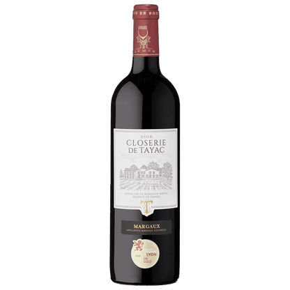 Bottle of Closérie de Tayac Margaux wine on a green background