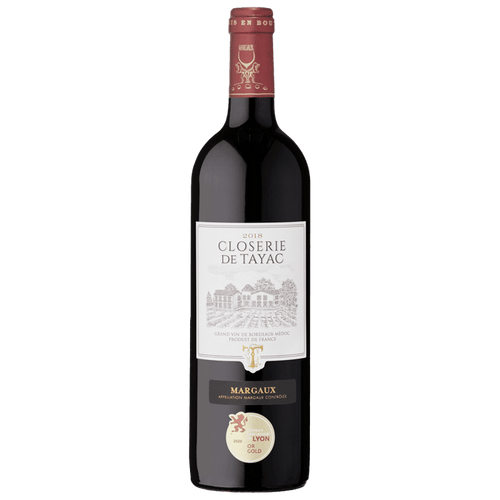 Bottle of Closérie de Tayac Margaux wine on a green background