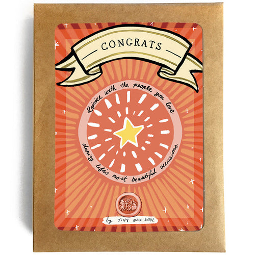 A pack of congrats cards with a colorful design featuring a star and rays, with the word 'CONCRATS' written in bold letters.