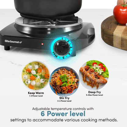Adjustable temperature controls with 6 Power Level settings to accommodate various cooking methods.  Keep Warm 1-2 Power Level, Stir Fry 3-4 Power Level, Deep Fry 5-Max Power Level.