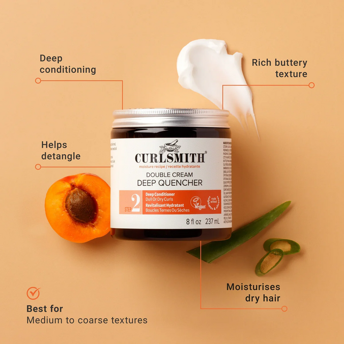 Curlsmith Double Cream Deep Quencher jar with apricot and jalapeño on a beige background