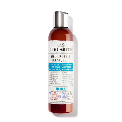 A bottle of Curlsmith Hydro Style Flexi Jelly, a medium hold styling gel for curls.