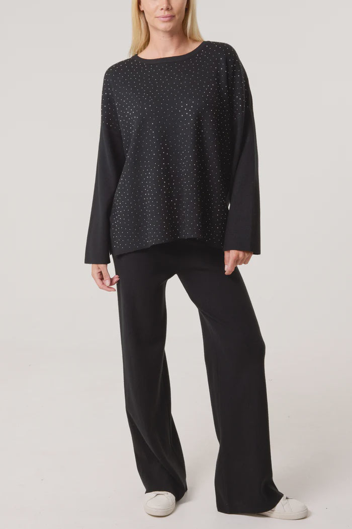 Diamante Knit Jumper & Trousers Set - Black