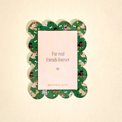 The Darling Effect’s Dog Days Mini Acrylic Picture Frame Magnet features a scalloped green frame with cartoon dogs and a card that says "Fur real friends forever"—a cute and fun way to display photos on your fridge.
