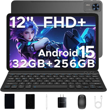 Tablet with keyboard and accessories on a white background