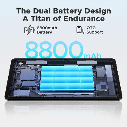 8800mAh battery design with dual battery feature and OTG support on a white background