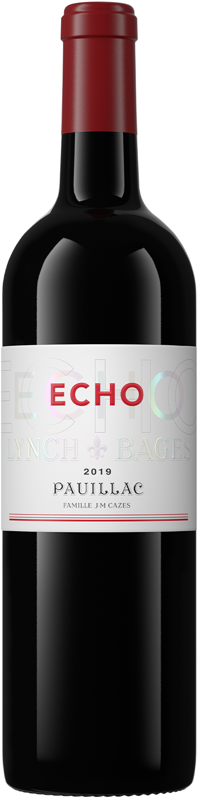 Red wine bottle labeled 'Echo' with a white label on a black background