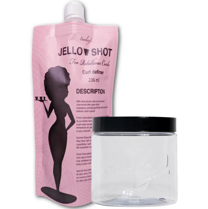 Pink packaging of 'Jello Shot' with a black silhouette and a clear container on a white background