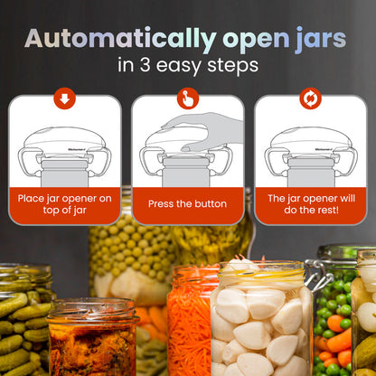 Automatically open jars in 3 easy steps.  Place jar opener on top of jar.  Press the button.  The jar opener will do the rest!