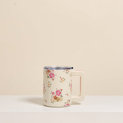 The Darling Effect Endless Daydream Cream 14 oz Insulated Mug features a vintage pink and coral floral design, cream handle, clear lid, and double-wall insulation to keep drinks hot or cold. The Darling Effect logo is displayed.
