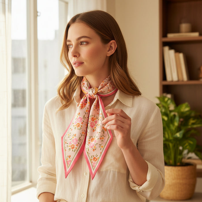 A woman with light brown hair in a white blouse styles The Darling Effect's Endless Daydream Cream Twirl & Tie Scarf Accessory by a window, a bookshelf and potted plant in the background.