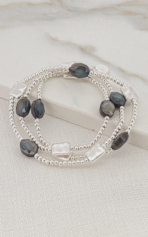 Envy Silver Triple Beaded Cube Bracelet - Black