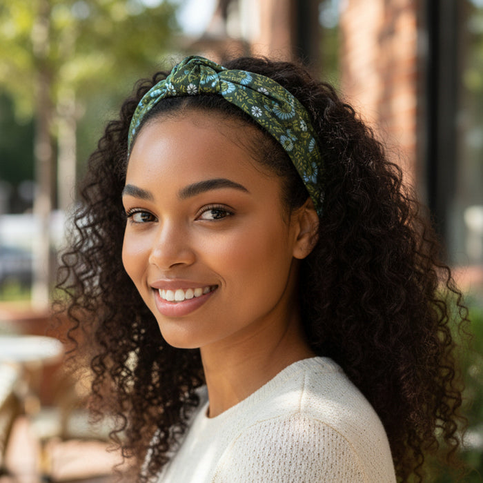 A smiling woman with curly hair wears The Darling Effect’s Everbloom Forest Green Classic Twist Headband and a cream sweater outdoors, with blurred trees and brick buildings in the background.