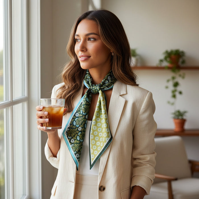 A woman in a cream suit styles The Darling Effect's Everbloom Forest Green Twirl & Tie Scarf Accessory as she holds iced tea by the window, framed by shelves of potted plants.